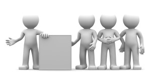 3D character showing blank banner to the goup of people