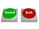 Good Evil Buttons Show Goodness Or Devil